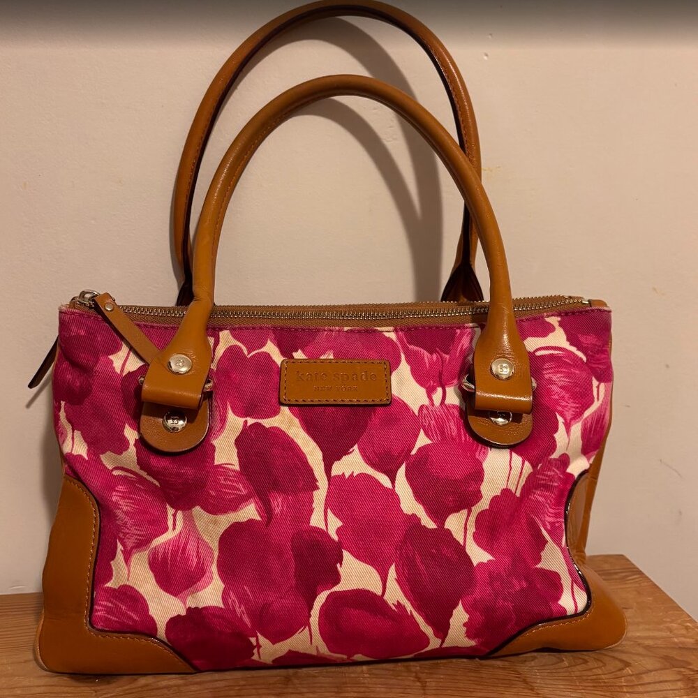 Kate Spade Eva Leather and Fabric Bag Abstract Pink Floral Multi-pocket